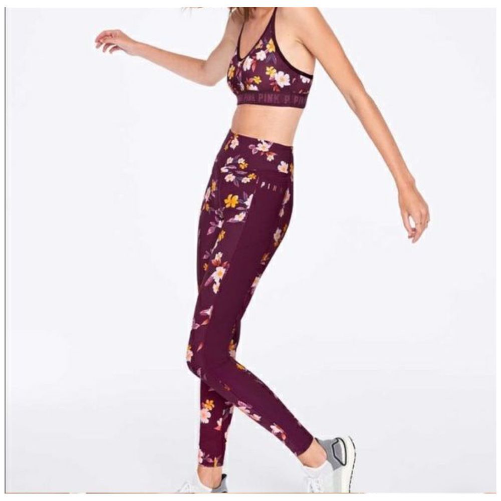 PINK Floral‎ Print Workout Leggings High Waist Athletic Yoga Pants Purple SMALL
